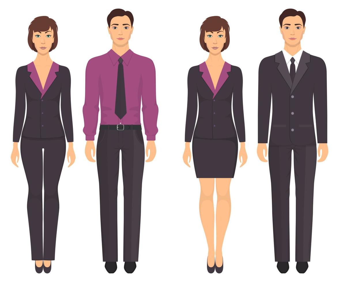 Men and women standing in full growth in formal clothes. Couples in elegant and casual clothes. Basic wardrobe. Vector illustration, isolated.