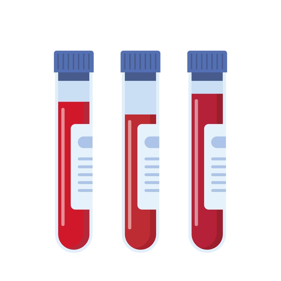 Medical flask icons with blood. Blood test tubes with labels. Vector Illustration in flat style.