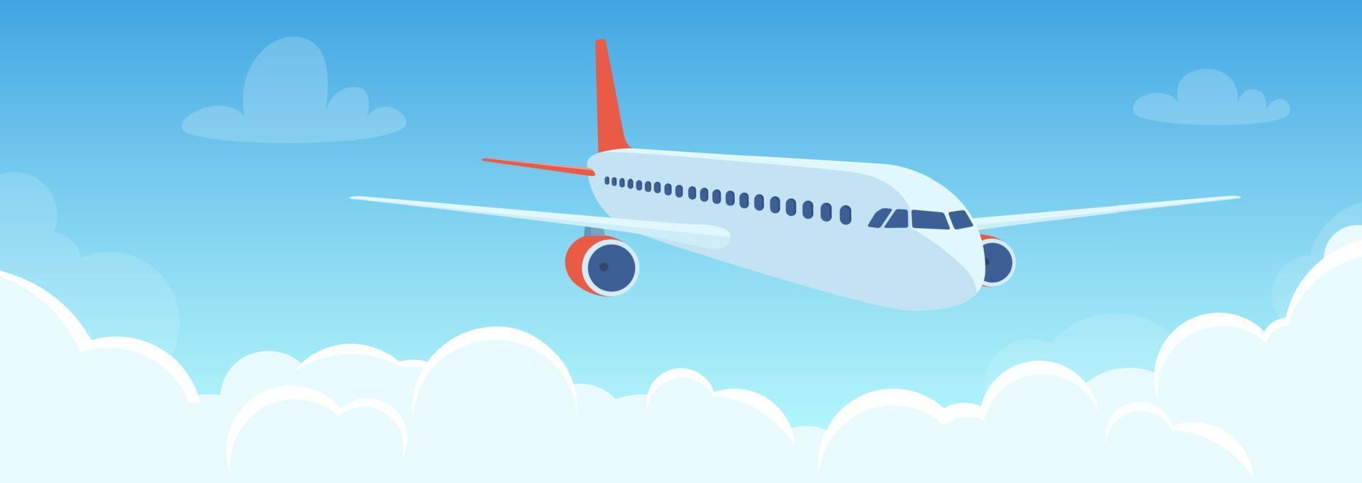 Flying plane above the clouds. Aircraft in the sky. Travel concept illustration for advertising airline, website to search for air tickets, travel agency. Traveling flyer, banner, vector illustration.