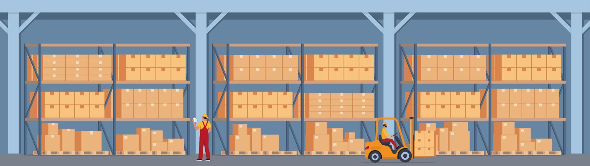 Warehouse Interior with Boxes On Rack And People Working. Logistic Delivery Service Concept. Vector illustration.