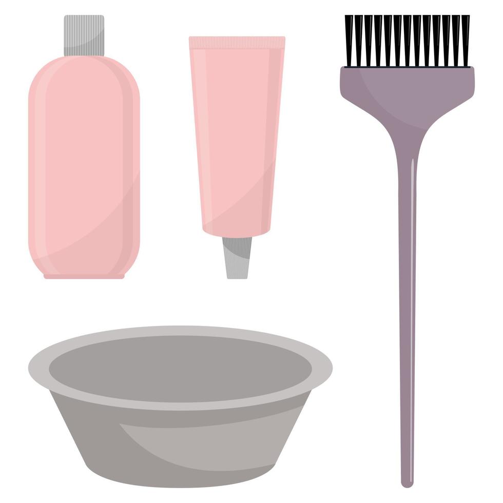 tinte para el cabello, oxidante, cepillo para tinte para el cabello y tazón para mezclar. conjunto de coloración del cabello, ilustración vectorial, aislado en blanco. vector