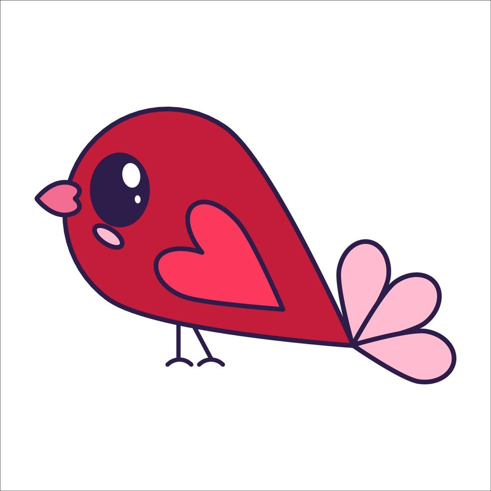 Kawaii Valentine Day icon bird with heart wig. Love symbol in the fashionable pop line art style. The cute bird with a heart is in soft pink, red, and coral color. Vector illustration isolated.