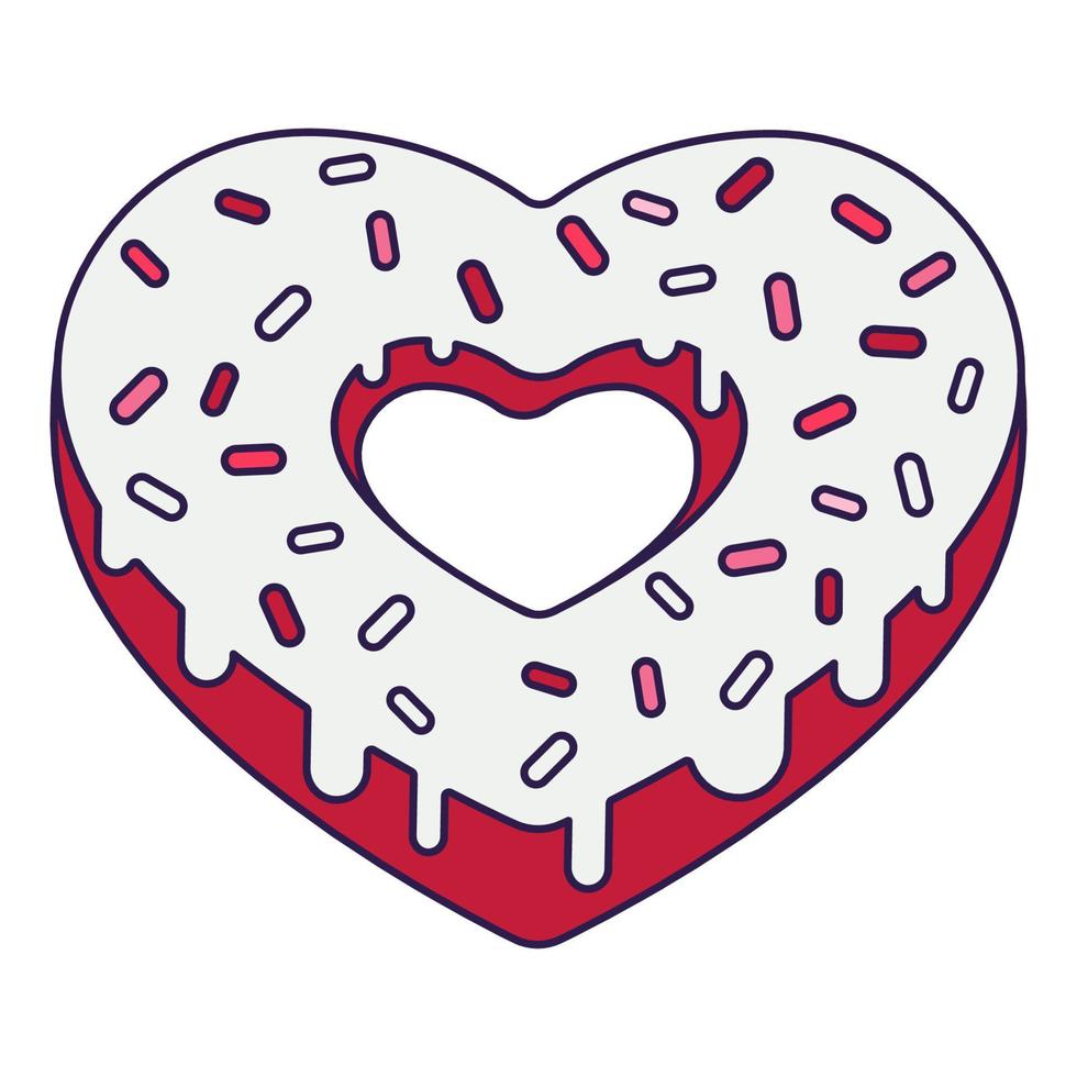 Retro Valentine Day icon donut heart shape. Love symbol in the fashionable pop line art style. The sweet chocolate hearts are soft pink, red, and coral colors. Vector illustration isolated