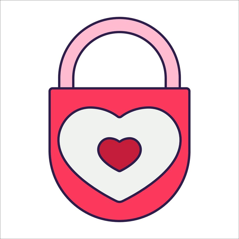 Retro Valentine Day icon lock with hearts. Love symbol in the fashionable pop line art style. The cute figure is in soft pink, red, and coral color. Vector illustration isolated on white.