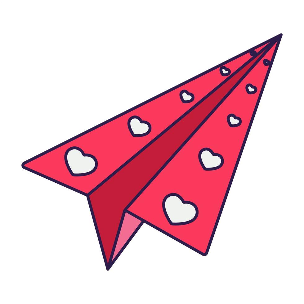 Retro Valentine Day icon paper airplane with hearts. Love symbol in the fashionable pop line art style. The cute airplane is in soft pink, red, and coral color. Vector illustration isolated on white.