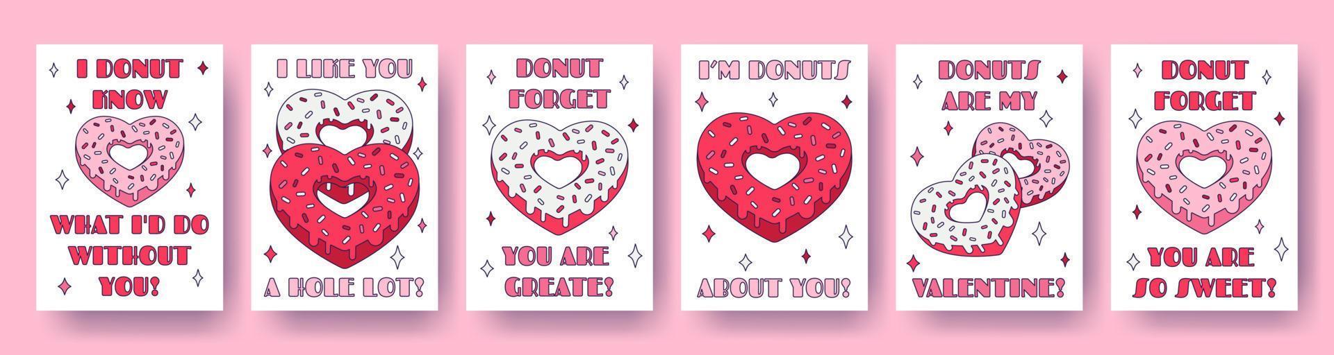 conjunto de tarjetas de corazón de donut del día de san valentín con citas de juego de palabras sobre el amor en estilo retro de dibujos animados. Ilustración de vector de amor para etiquetas de favor, postales, tarjetas de felicitación, carteles o pancartas.