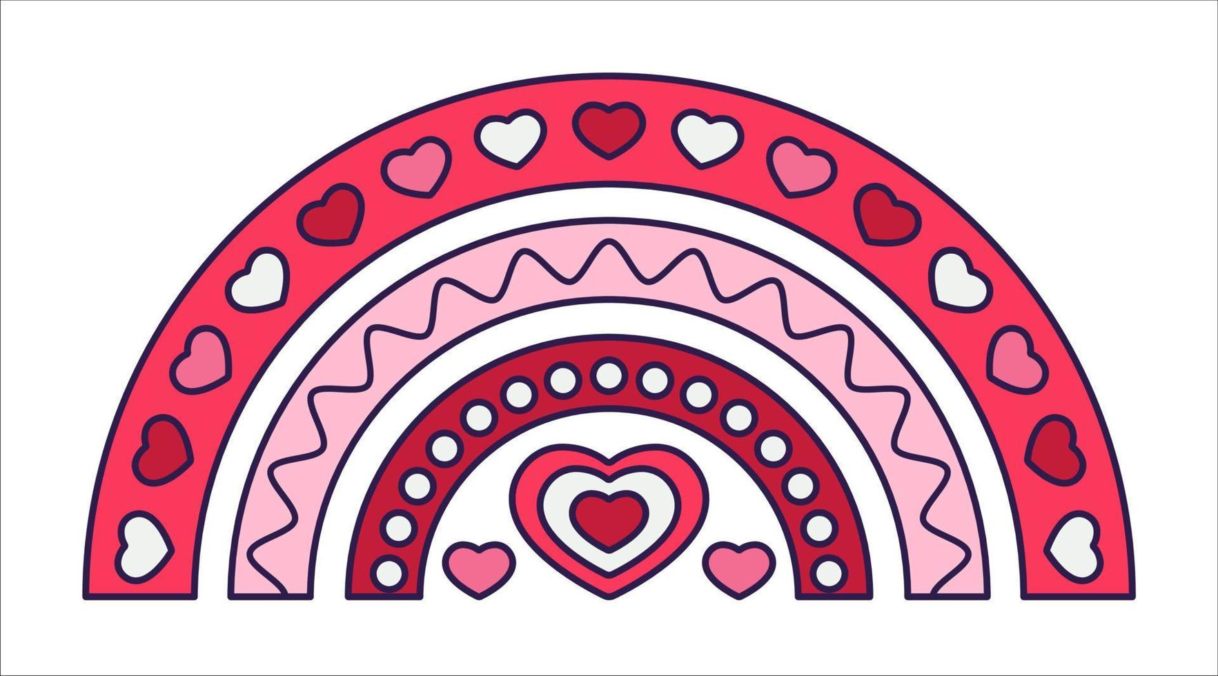 Retro Valentine Day boho icon of the hot-air balloon. Love symbols in the fashionable pop line art style. The figure of heart balloon in soft pink, red and coral color. Vector illustration isolated.