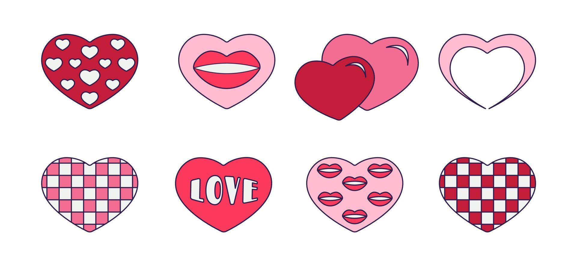Retro Valentine Day set of icons of heart. Love symbols in the fashionable pop line art style. The shape of different hearts in soft pink, coral and red color. Vector illustration isolated on white.