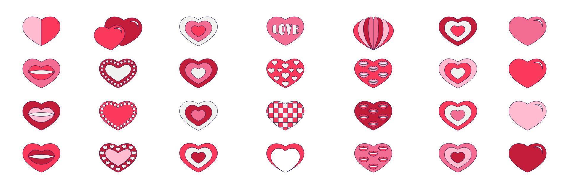 Retro Valentine Day set of icons. Love symbols in the fashionable pop line art style. The figure of heart, rainbow, lock, balloon in soft pink, red and coral color. Vector illustration isolated.