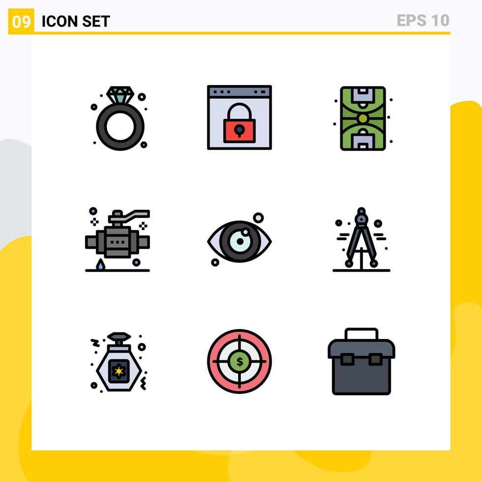 Pictogram Set of 9 Simple Filledline Flat Colors of eye valve password pipe buildings Editable Vector Design Elements