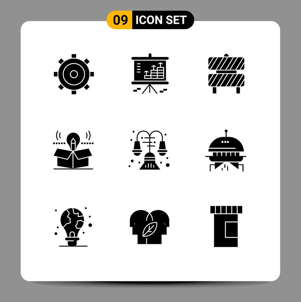 Mobile Interface Solid Glyph Set of 9 Pictograms of solution bulb projector package working area Editable Vector Design Elements