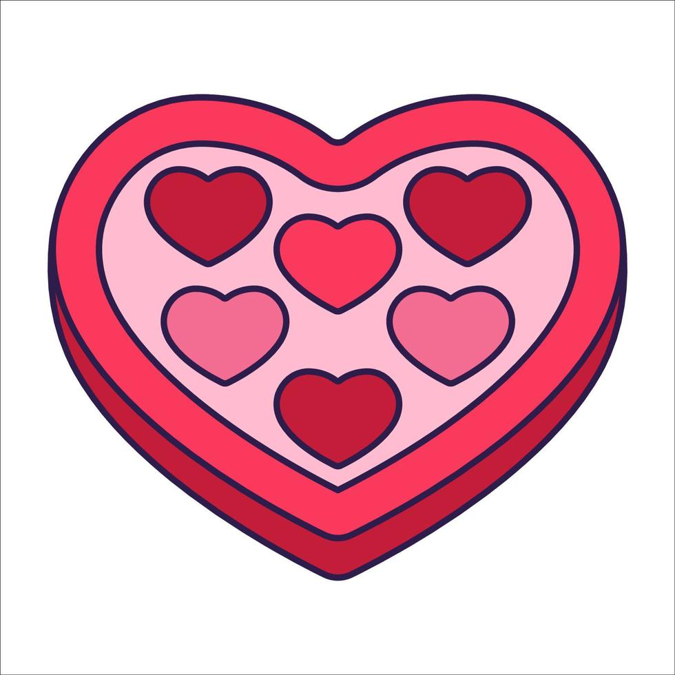 icono del día de san valentín retro caja de dulces de forma de corazón. símbolo de amor en el estilo de arte pop de moda. los corazones de chocolate dulce son de color rosa suave, rojo y coral. ilustración vectorial aislada. vector