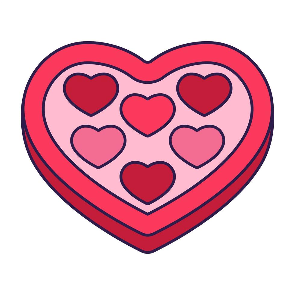 Retro Valentine Day icon candy box of heart shape. Love symbol in the fashionable pop line art style. The sweet chocolate hearts are soft pink, red, and coral colors. Vector illustration isolated.