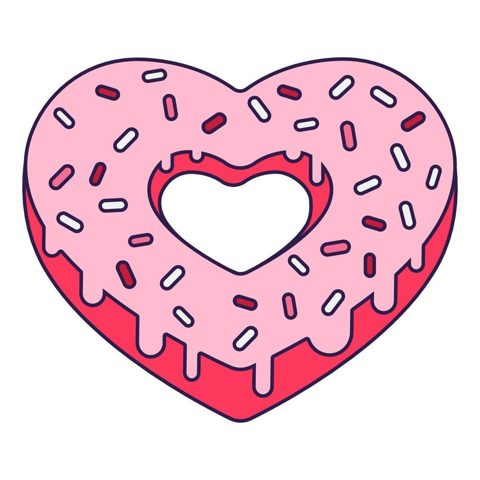 Retro Valentine Day icon donut heart shape. Love symbol in the fashionable pop line art style. The sweet chocolate hearts are soft pink, red, and coral colors. Vector illustration isolated