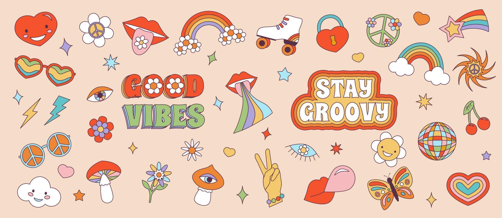 Retro 70s Groovy Hippie sticker set. Psychedelic cartoon elements -funky daisy flower, mushroom, eye, rainbow, peace, love, heart, cherrie, disco ball, roller in vintage hippy style. Vector set.