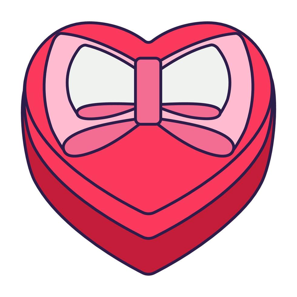 Retro Valentine Day icon gift box of heart shape. Love symbol in the fashionable pop line art style. The cute gift with a bow is in soft pink, red, and coral color. Vector illustration isolated