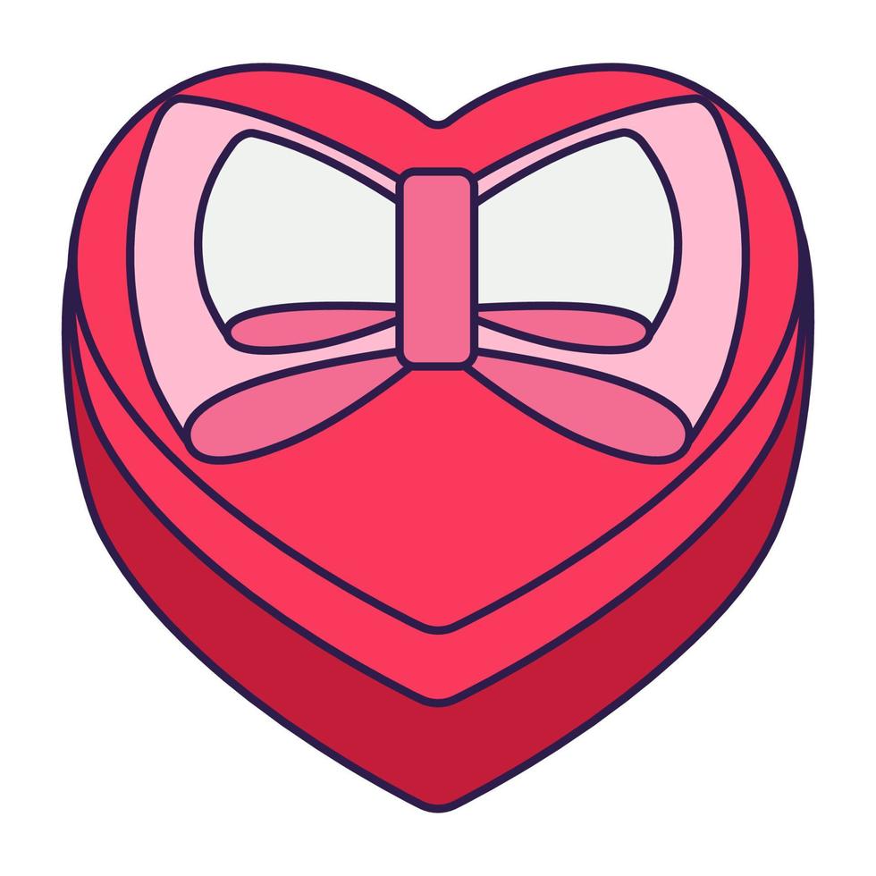 caja de regalo de icono de día de san valentín retro de forma de corazón. símbolo de amor en el estilo de arte pop de moda. el lindo regalo con un lazo es de color rosa suave, rojo y coral. ilustración vectorial aislada vector