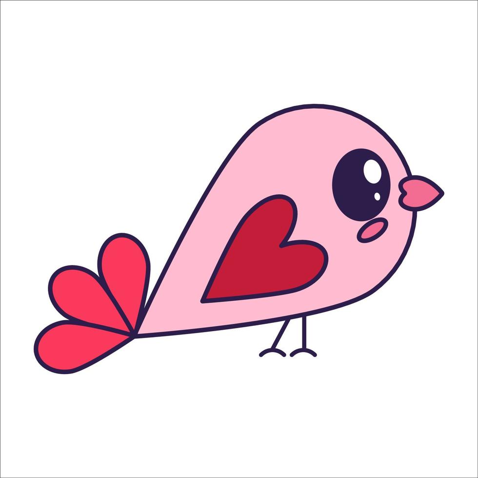 Kawaii Valentine Day icon bird with heart wig. Love symbol in the fashionable pop line art style. The cute bird with a heart is in soft pink, red, and coral color. Vector illustration isolated.