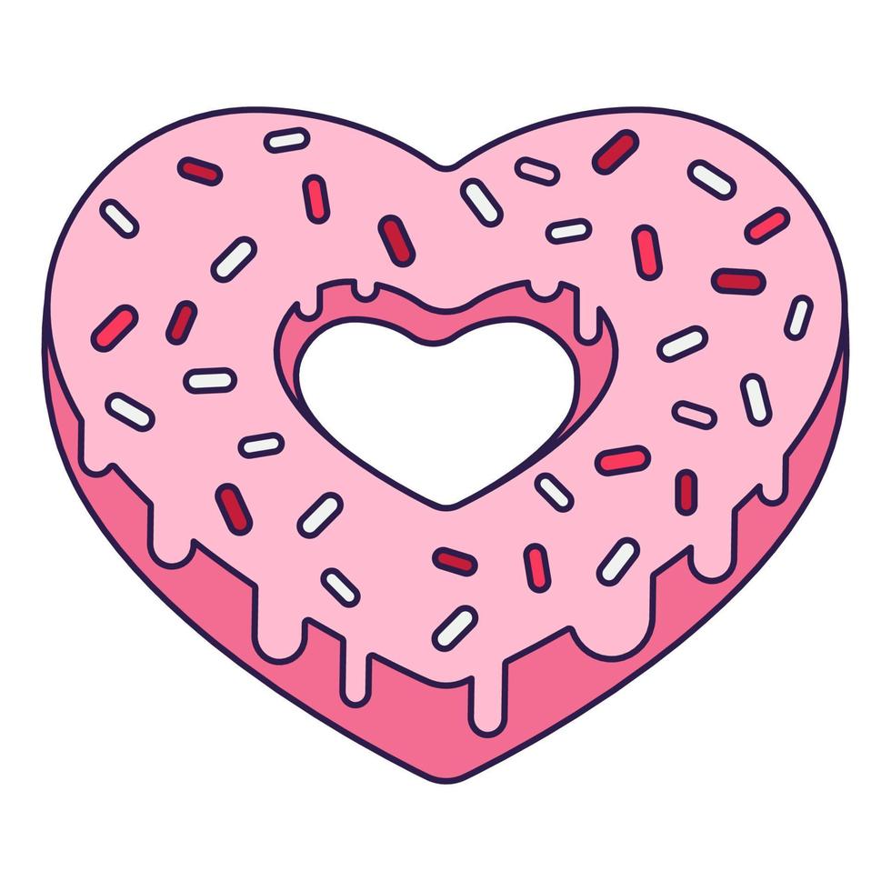 Retro Valentine Day icon donut heart shape. Love symbol in the fashionable pop line art style. The sweet chocolate hearts are soft pink, red, and coral colors. Vector illustration isolated