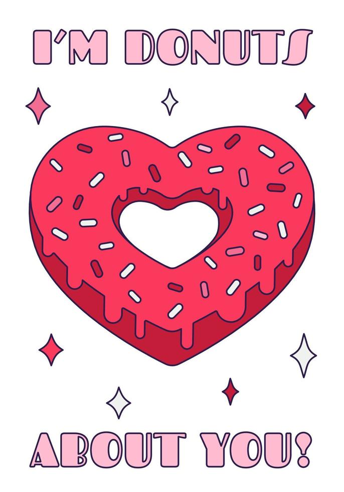 Cute Valentine Day donut heart with pun quote - ''I am donut about you'' in retro cartoon style. Love vector illustration for favor tags, postcards, greeting cards, posters, or banners.
