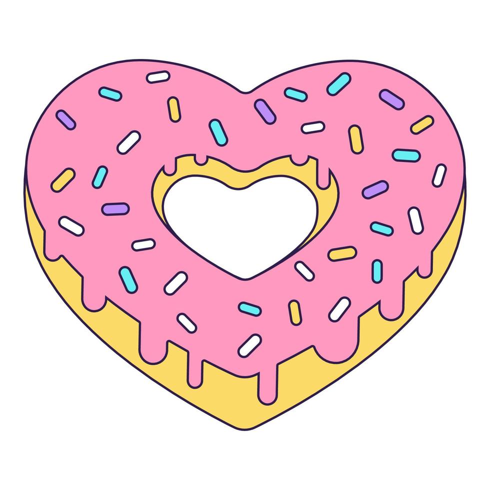 Cartoon Valentine Day icon donut heart shape. Love symbol in the fashionable pop style. The sweet chocolate hearts are soft pink, yellow colors. Vector illustration isolated