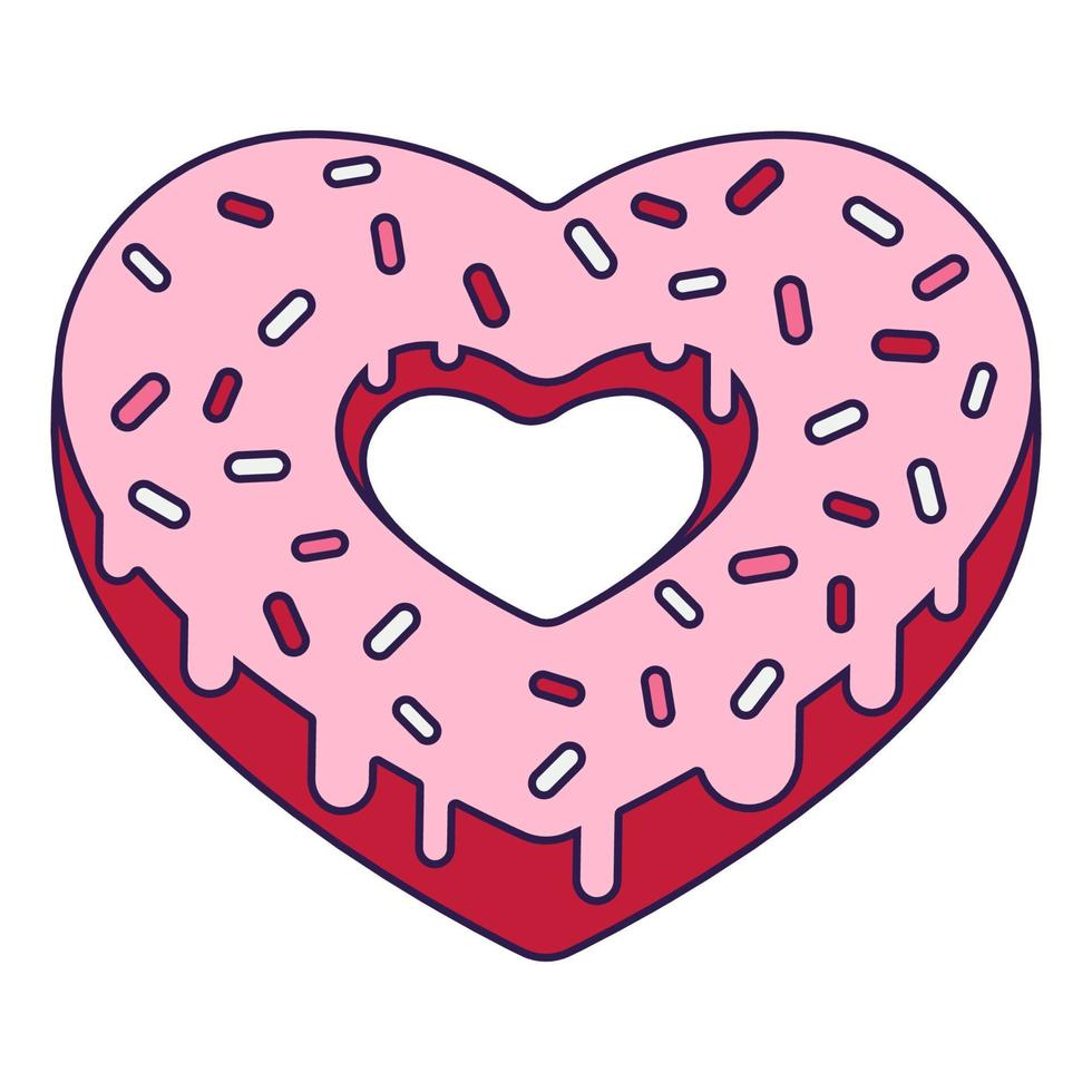 Retro Valentine Day icon donut heart shape. Love symbol in the fashionable pop line art style. The sweet chocolate hearts are soft pink, red, and coral colors. Vector illustration isolated