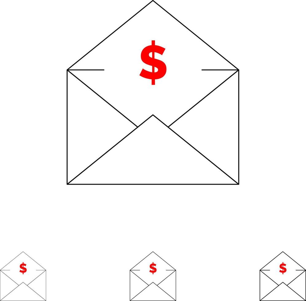conjunto de iconos de línea negra en negrita y delgada de dinero por correo en dólares vector