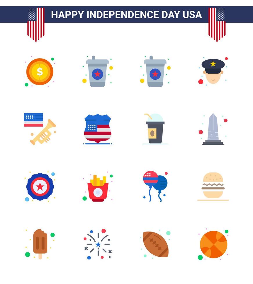 16 USA Flat Pack of Independence Day Signs and Symbols of security sign officer shield laud Editable USA Day Vector Design Elements