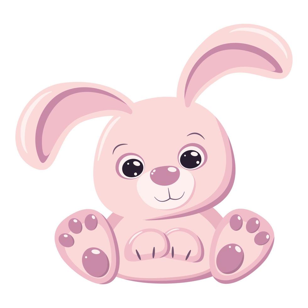 Cute pink rabbit isolated on white background. Greeting card Happy Easter or Happy New Year banner with bunny in delicate colors. Square format, vector illustration in flat cartoon style