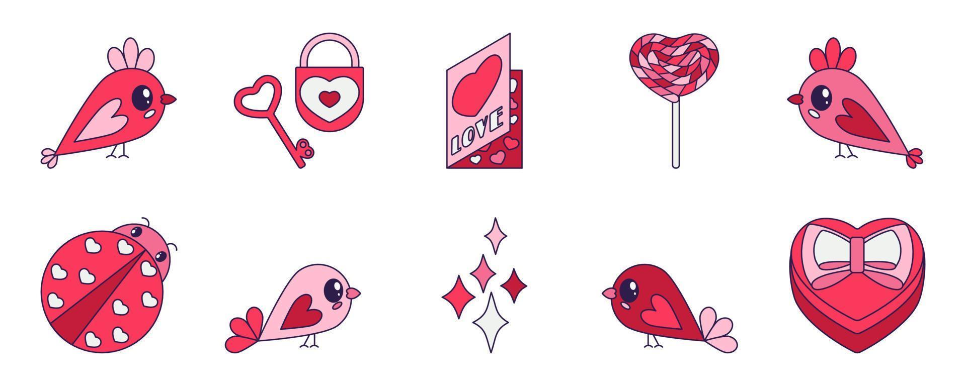 conjunto de iconos retro del día de san valentín. símbolos de amor en el estilo de arte pop de moda. la figura de corazón, arco iris, candado, globo en color rosa suave, rojo y coral. ilustración vectorial aislada vector