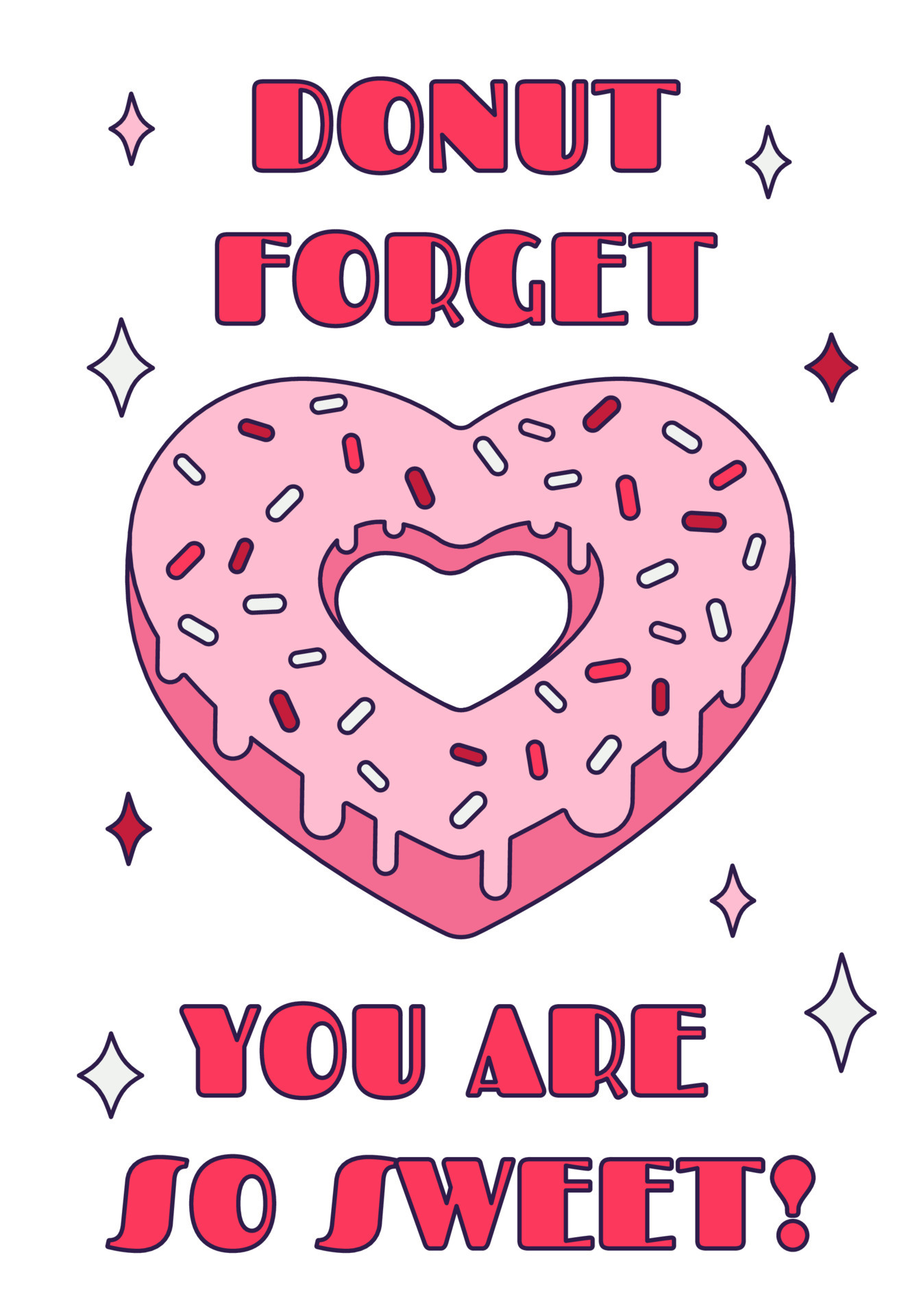 Cute Valentine Day donut heart with pun quote - ''Donut forget you are so  sweet'' in retro cartoon style. Love vector illustration for favor tags,  postcards, greeting cards, posters, or banners. 15400956