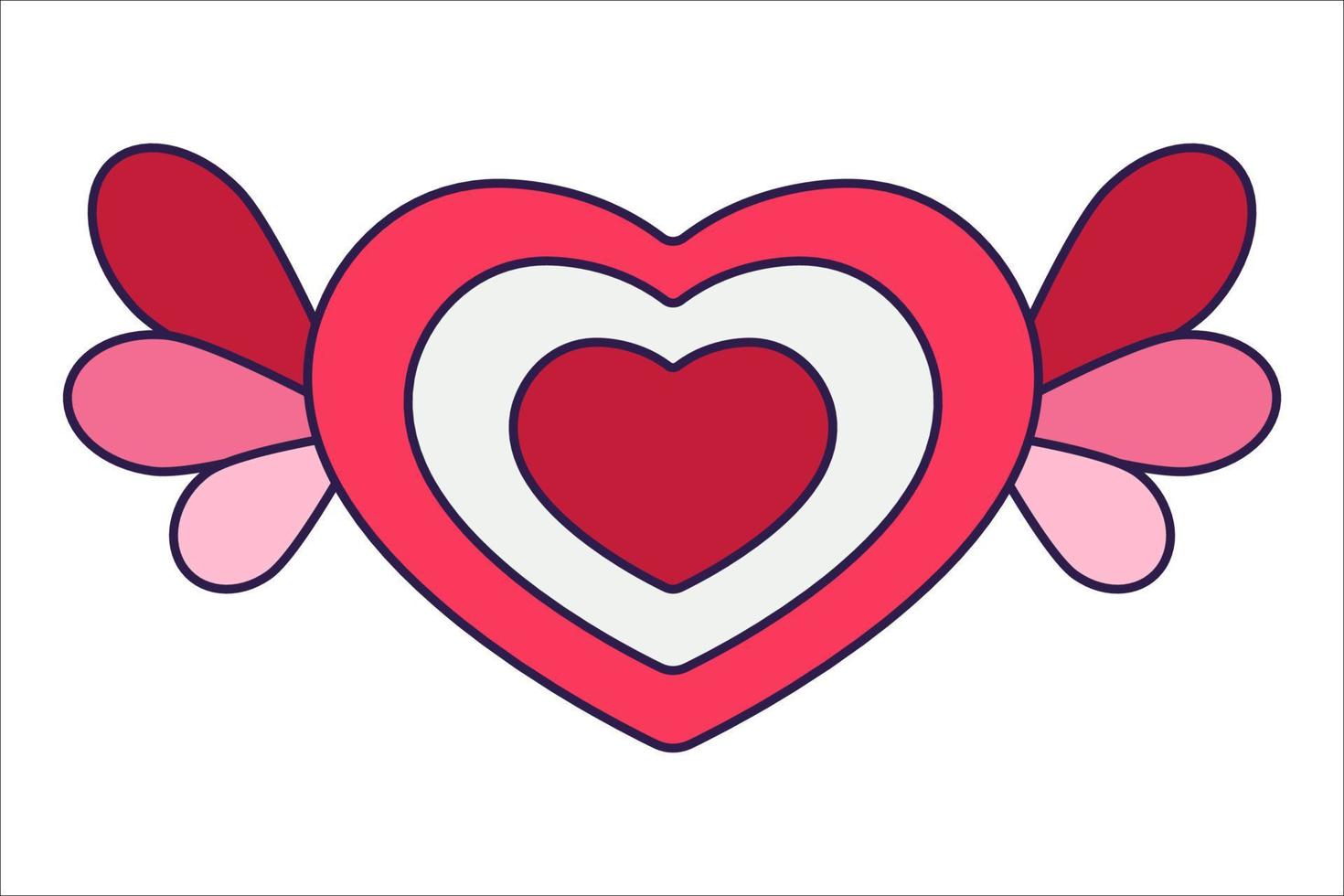 Retro Valentine Day icon heart with wigs. Love symbols in the fashionable pop line art style. The figure of a heart in soft pink, red and coral color. Vector illustration isolated on white.