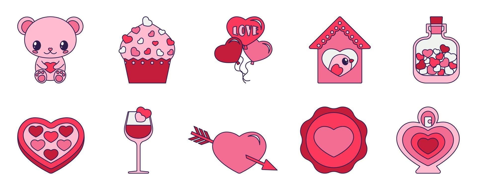 Retro Valentine Day set of icons. Love symbols in the fashionable pop line art style. The heart, bear, cupcake, and balloon are in soft pink, red, and coral color. Vector illustration isolated