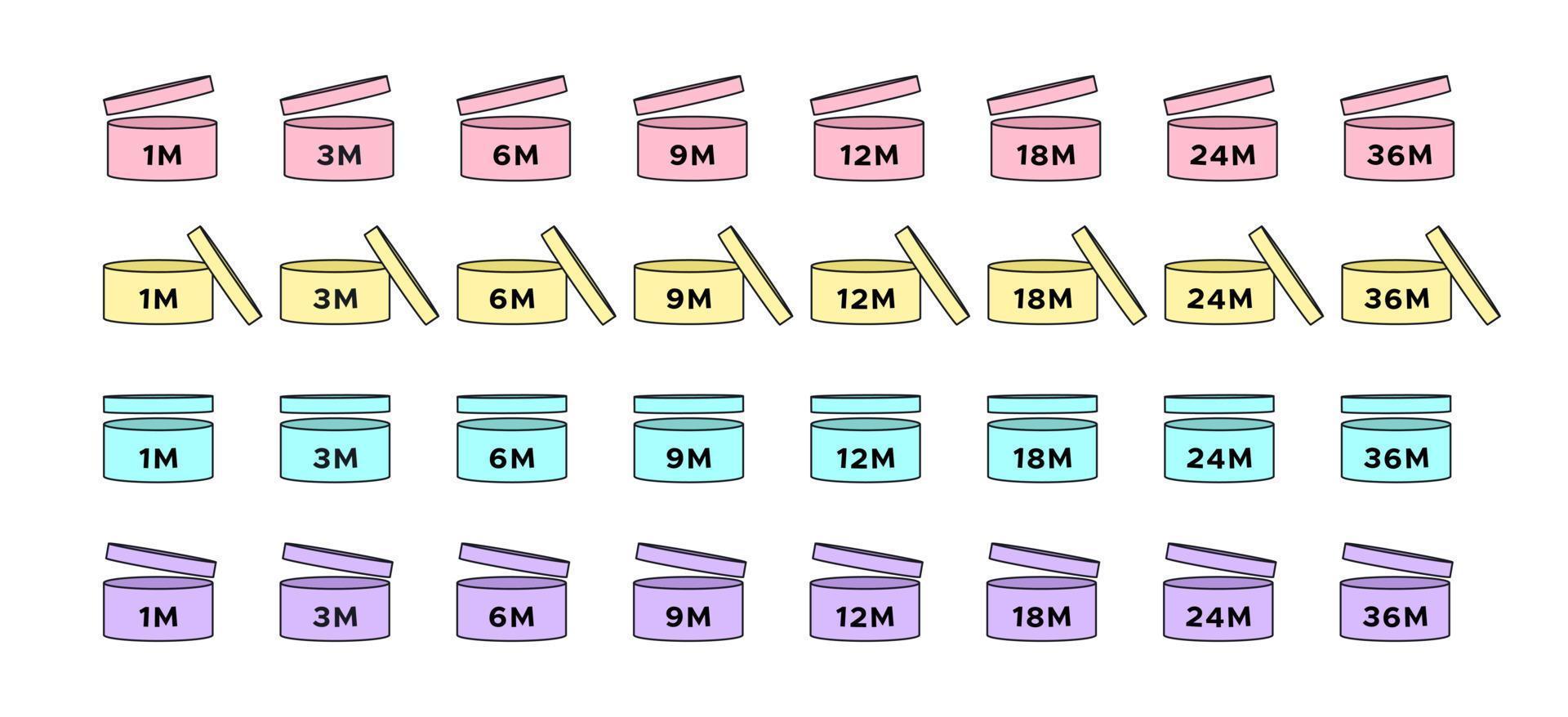 Period after opening cosmetic icon set in the cartoon style. PAO symbols - expiration of the use time for creams and cosmetics after opening the package. Vector illustration for beauty industry.