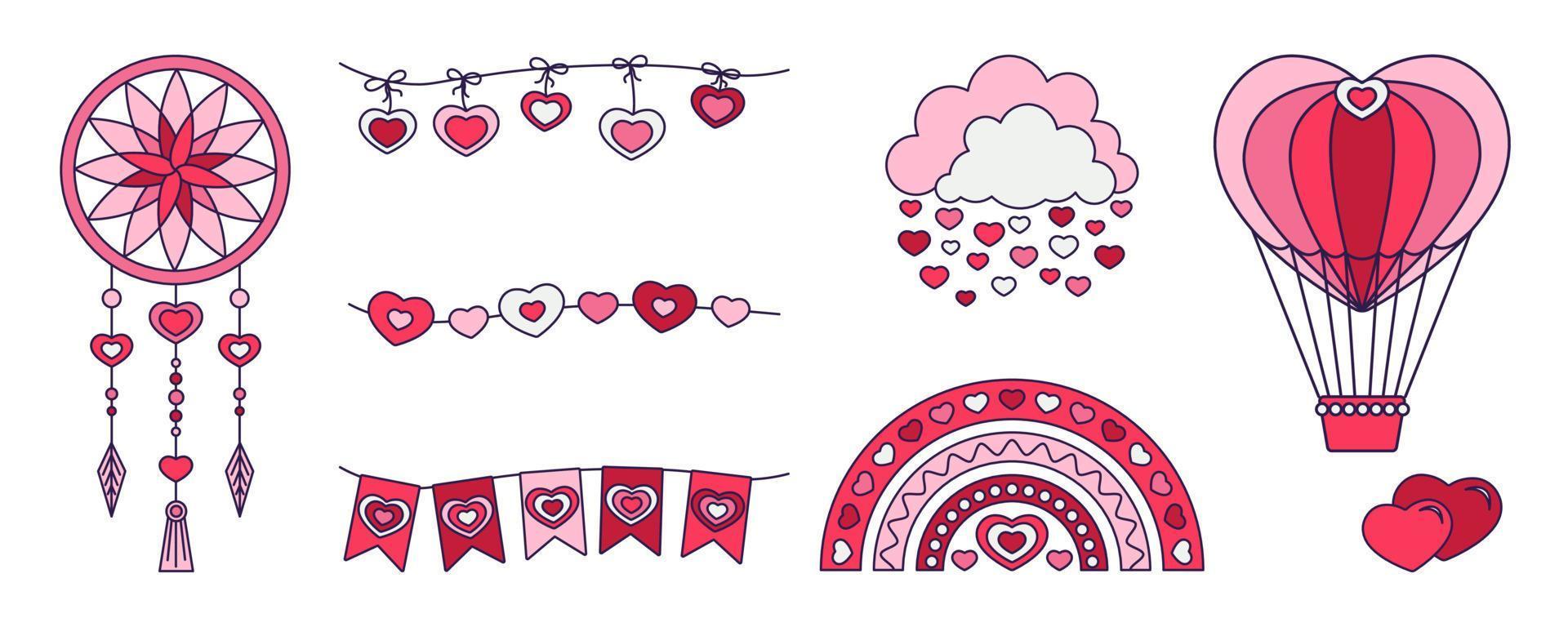 Retro Valentine Day set of icons. Love symbols in the fashionable pop line art style. The figure of heart, rainbow, lock, balloon in soft pink, red and coral color. Vector illustration isolated.