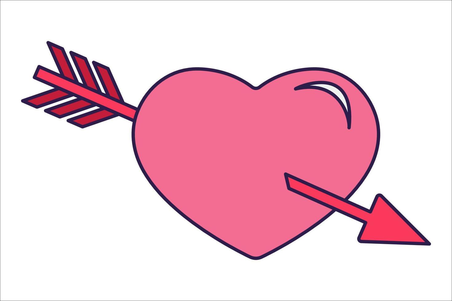 Retro Valentine Day icon heart with arrow. Love symbols in the fashionable pop line art style. The figure of a heart in soft pink, red and coral color. Vector illustration isolated on white.