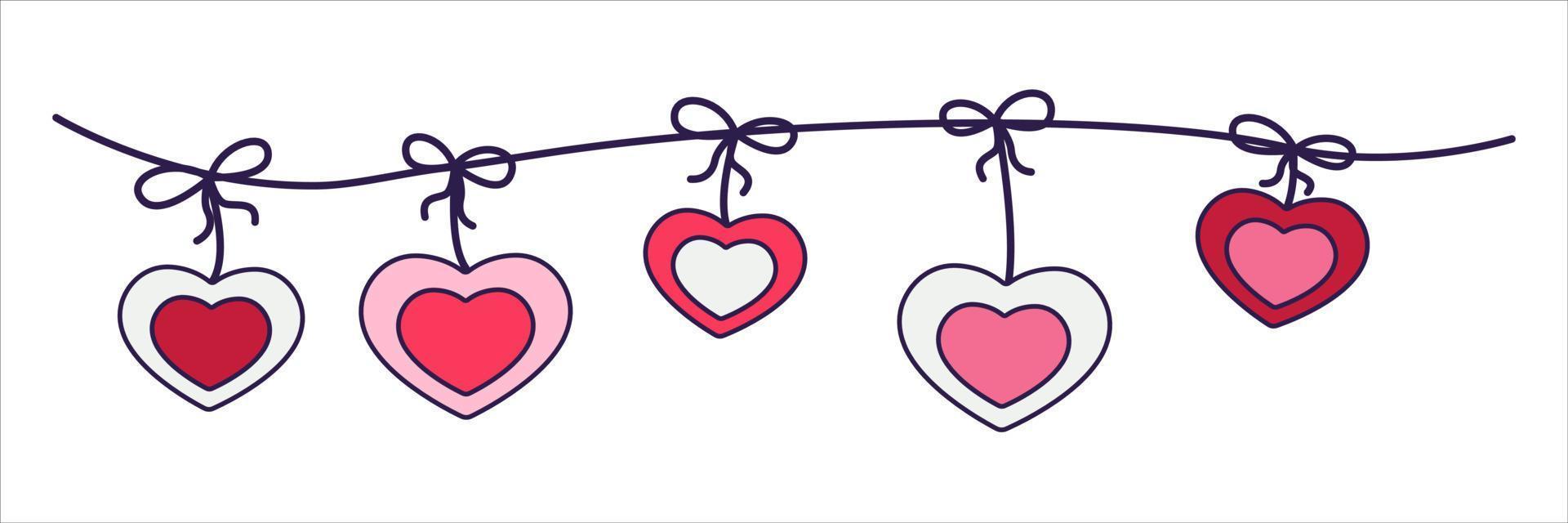 Retro Valentine Day boho icon of the garland hearts. Love symbols in the fashionable pop line art style. The figure of heart banner in soft pink, red and coral color. Vector illustration isolated.