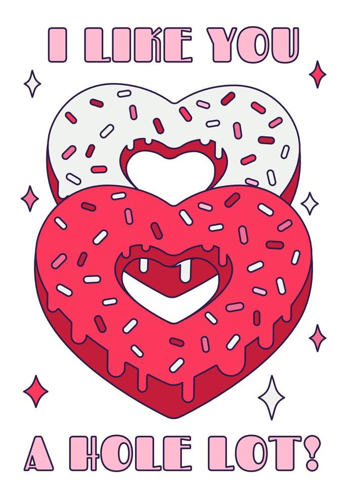 lindo corazón de donut del día de san valentín con cita de juego de palabras - ''me gustas mucho'' en estilo retro de dibujos animados. Ilustración de vector de amor para etiquetas de favor, postales, tarjetas de felicitación, carteles o pancartas.