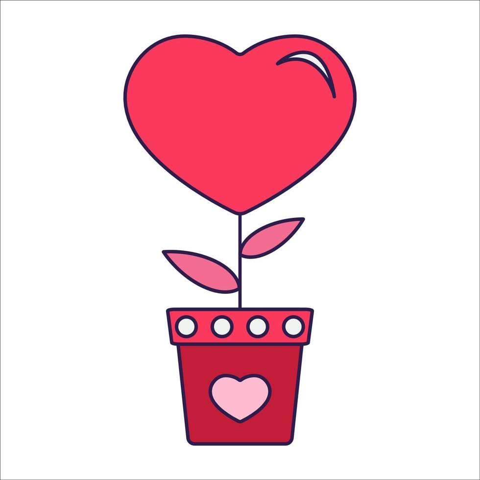 Retro Valentine Day icon a heart flower in a pot. Love symbol in the fashionable pop line art style. The cute potted plant in soft pink, red, and coral color. Vector illustration isolated on white.