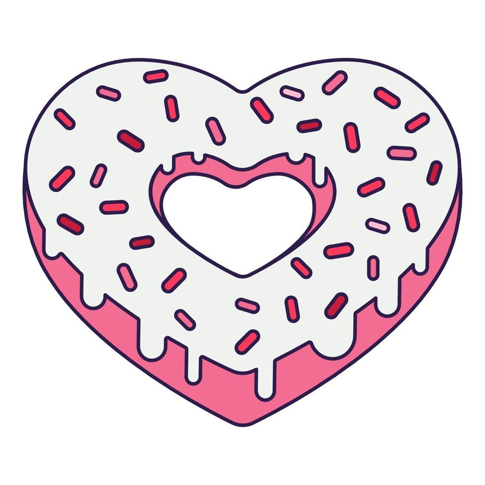 Retro Valentine Day icon donut heart shape. Love symbol in the fashionable pop line art style. The sweet chocolate hearts are soft pink, red, and coral colors. Vector illustration isolated