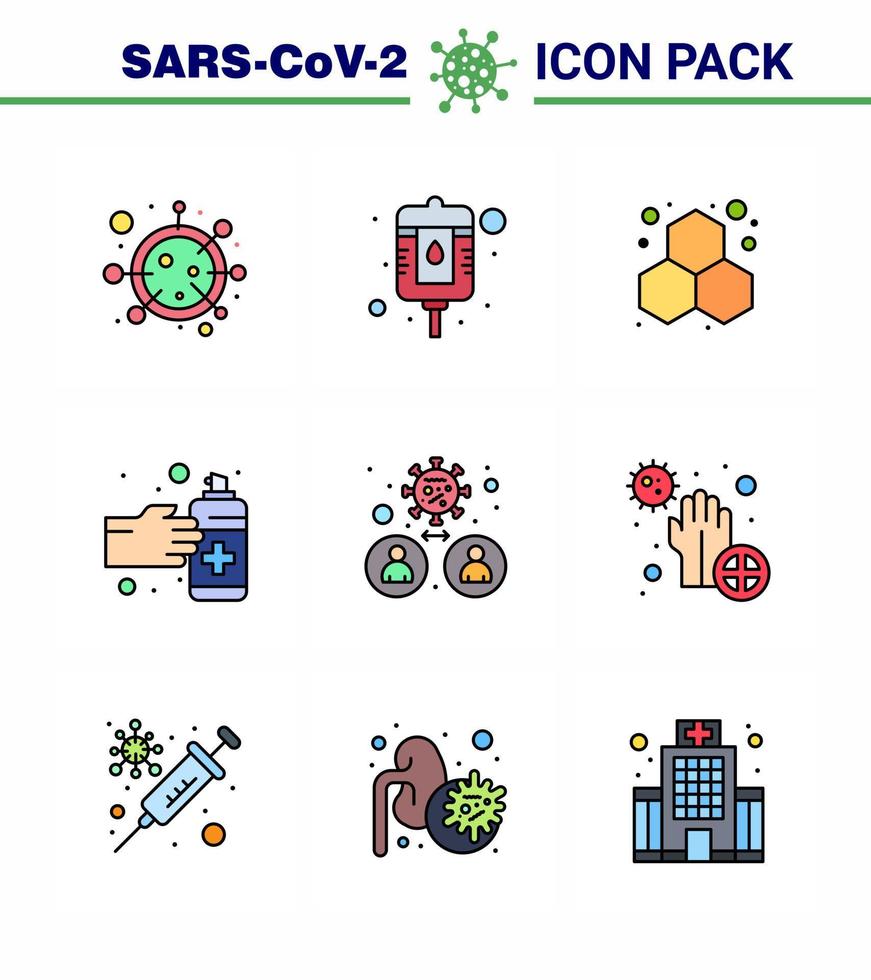 9 Filled Line Flat Color Corona Virus pandemic vector illustrations man spray chemistry medication gestures viral coronavirus 2019nov disease Vector Design Elements