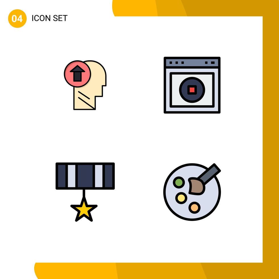 conjunto de color plano de línea de relleno de interfaz móvil de 4 pictogramas de conocimiento web de flecha detener elementos de diseño de vector editables del ejército