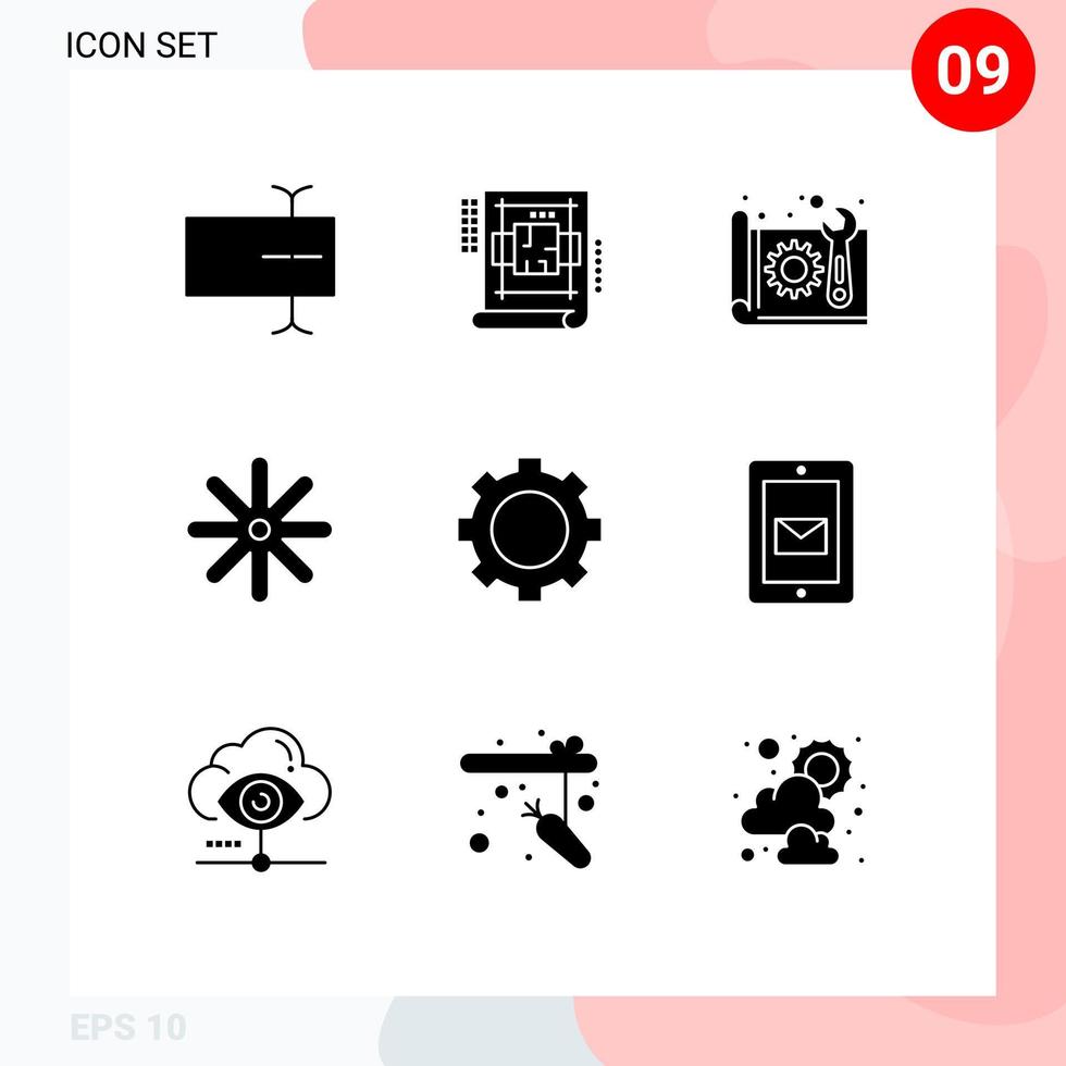 9 User Interface Solid Glyph Pack of modern Signs and Symbols of set devices blue print plant flower Editable Vector Design Elements