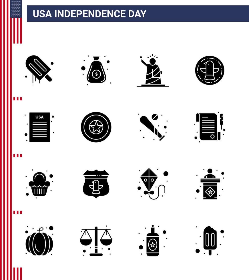 Group of 16 Solid Glyphs Set for Independence day of United States of America such as declaration celebration landmarks bird usa Editable USA Day Vector Design Elements