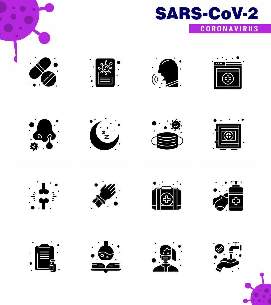 Coronavirus Prevention Set Icons 16 Solid Glyph Black icon such as nasal infection cold nose services medical viral coronavirus 2019nov disease Vector Design Elements