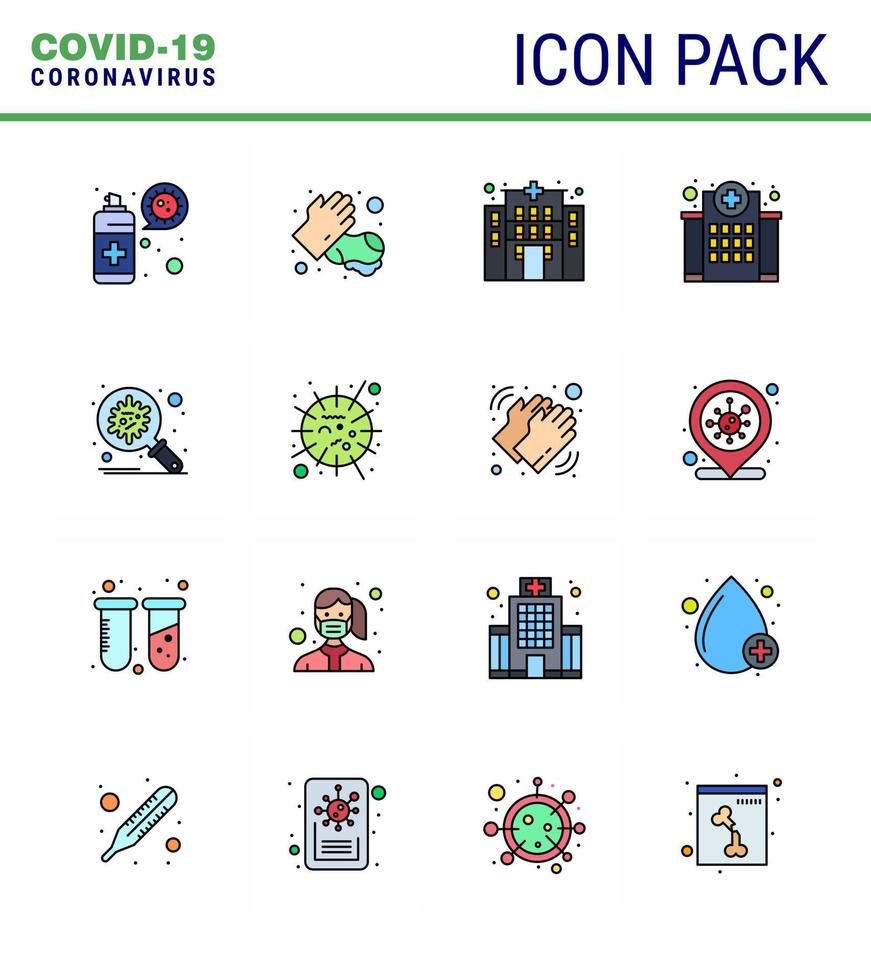 CORONAVIRUS 16 Flat Color Filled Line Icon set on the theme of Corona epidemic contains icons such as corona nursing building medical healthcare viral coronavirus 2019nov disease Vector Design El