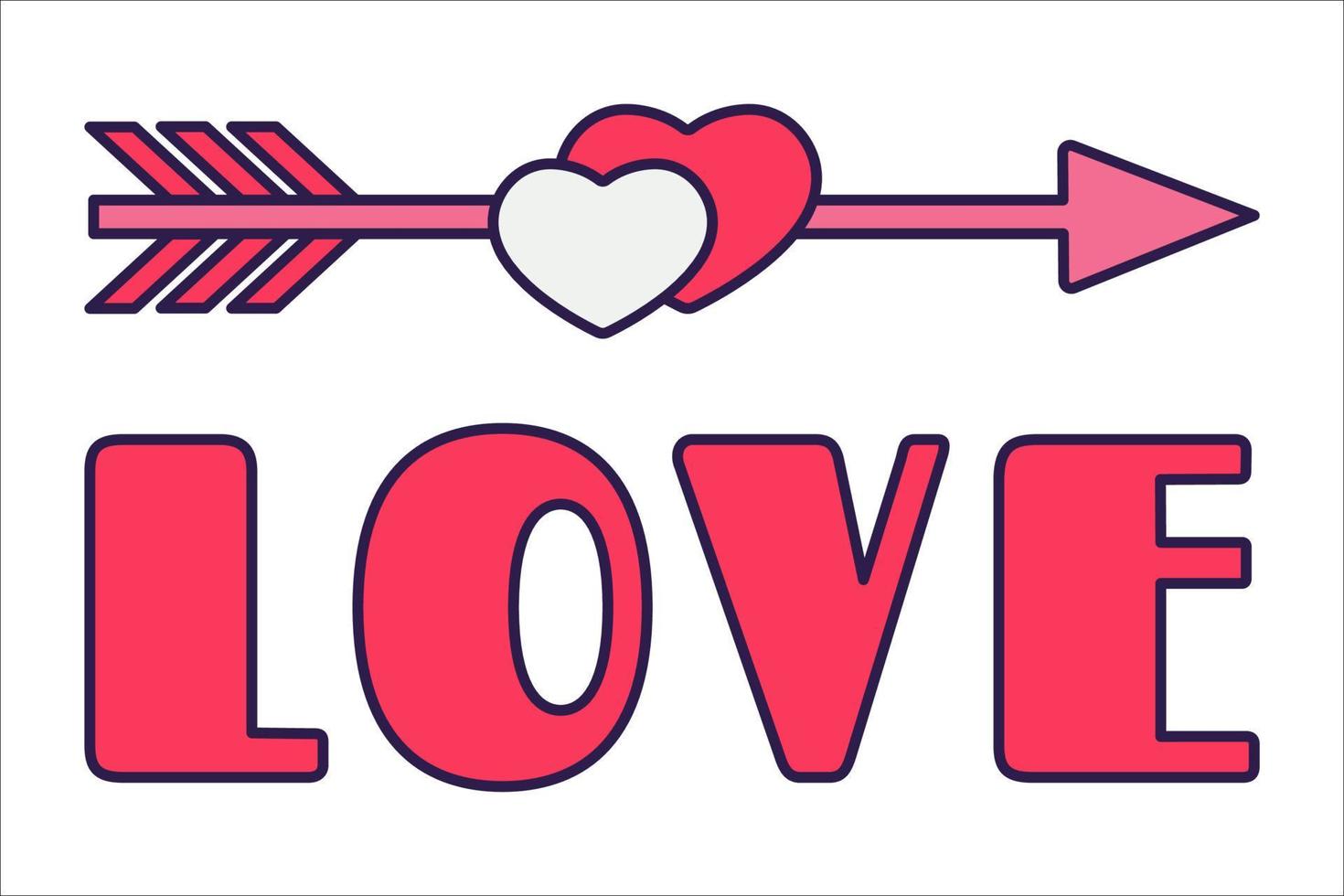 Retro Valentine Day icon arrow, heart, and lettering. Love symbols in the fashionable pop line art style. The figure of a heart in soft pink, red and coral color. Vector illustration isolated