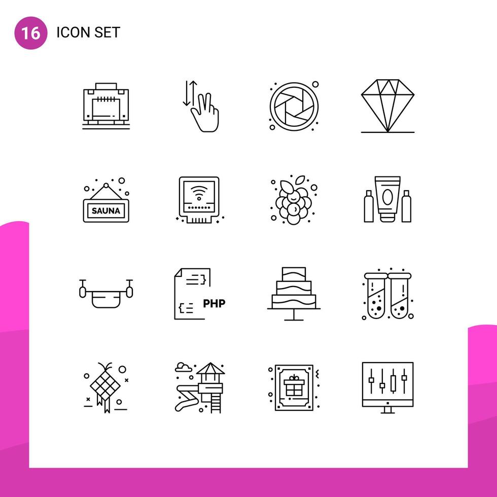 Modern Set of 16 Outlines Pictograph of sign fitness down present diamond Editable Vector Design Elements