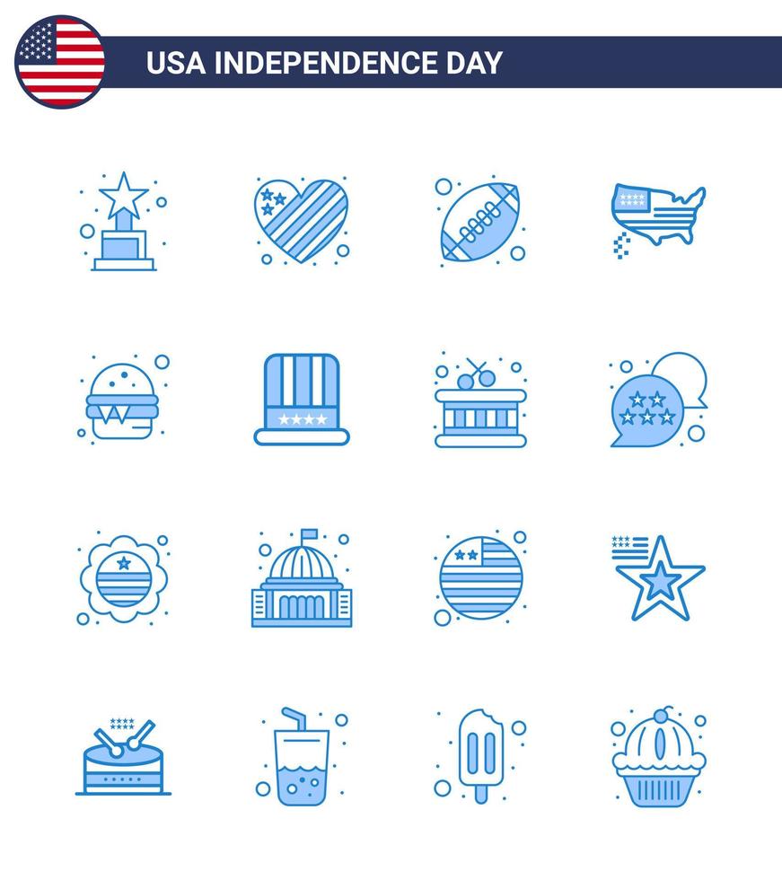 paquete de línea de vector editable del día de estados unidos 16 blues simple de comida hamburguesa rugby mapa de estados unidos elementos de diseño de vector de día de estados unidos editables