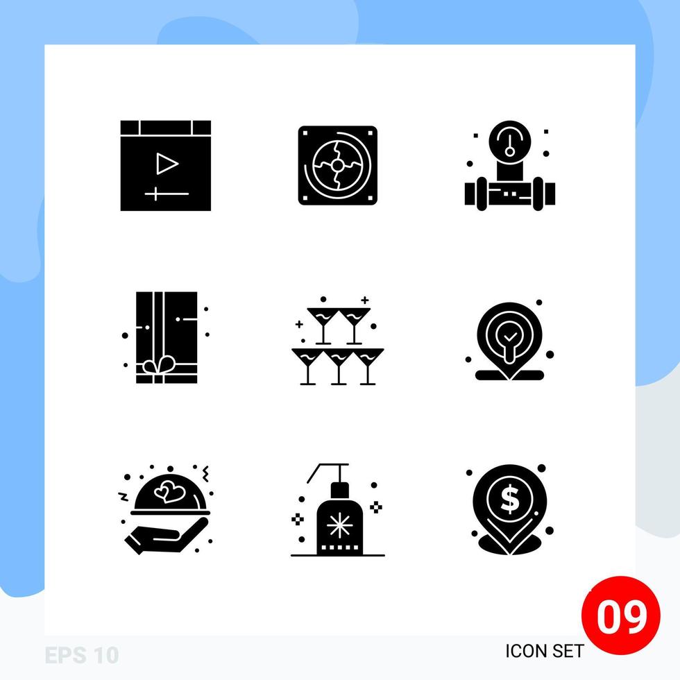 9 Thematic Vector Solid Glyphs and Editable Symbols of heart glass manometer gift box gift pack Editable Vector Design Elements